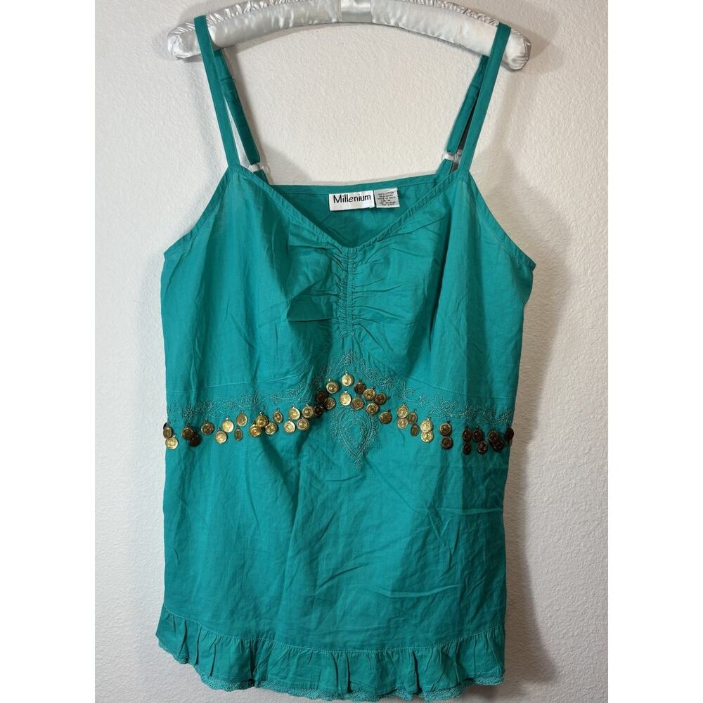 Millenium Y2K Teal Tank Top Size 14 Embroidered Gypsy Boho Summer Mermaid Fairy